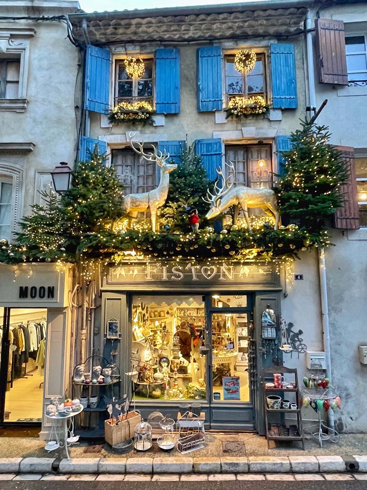 Provence village shop decorated for Christmas festivities on winter Provence tour