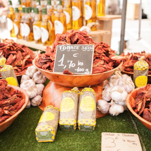 Provence market produce - dried tomatoes, garlic, olive oil