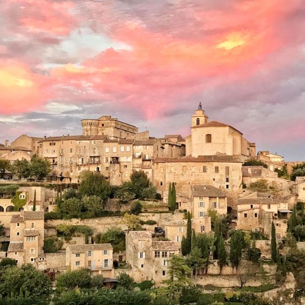 French hillside village at sunset