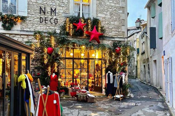 Provence village shop decorated for Christmas festivities on winter Provence tour